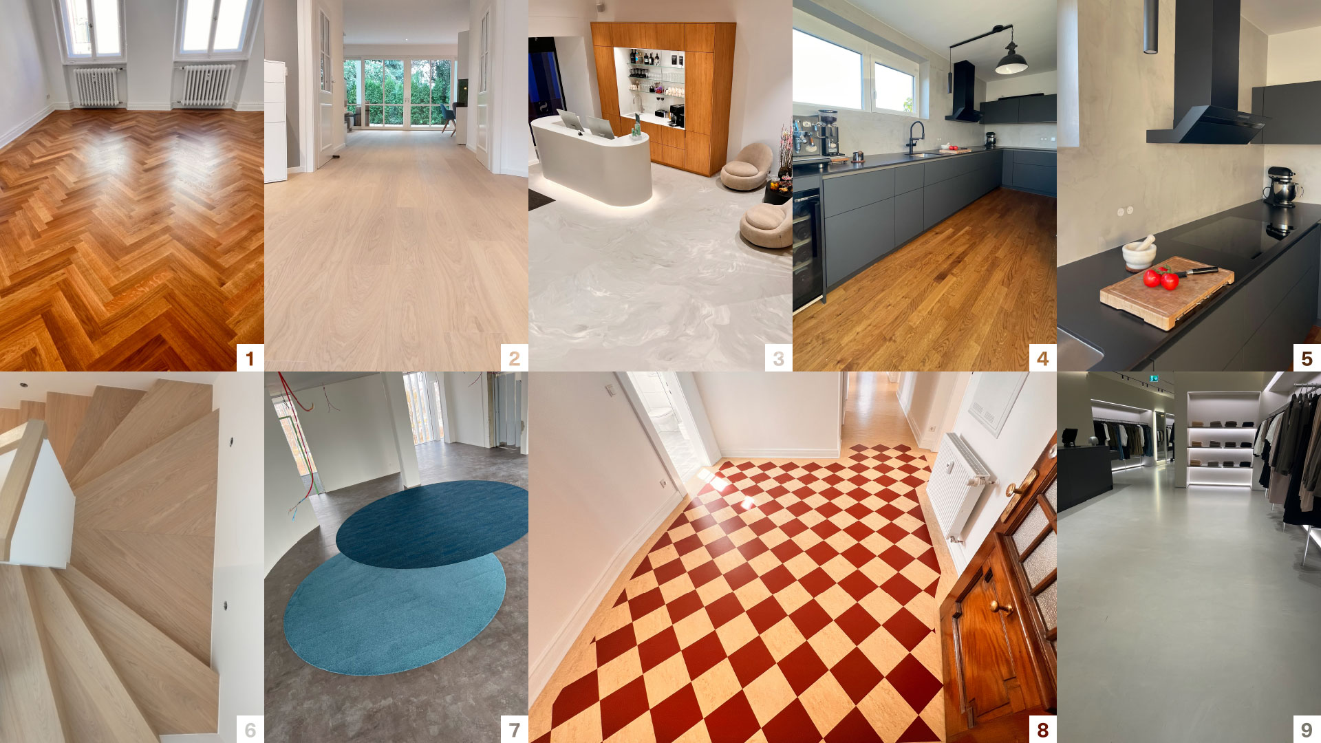 Eine kleine Übersichtscollage von RS Bodentechnik Projekten in Sachen Bodenverlegung. Arbeiten vom Bodenkavalier.